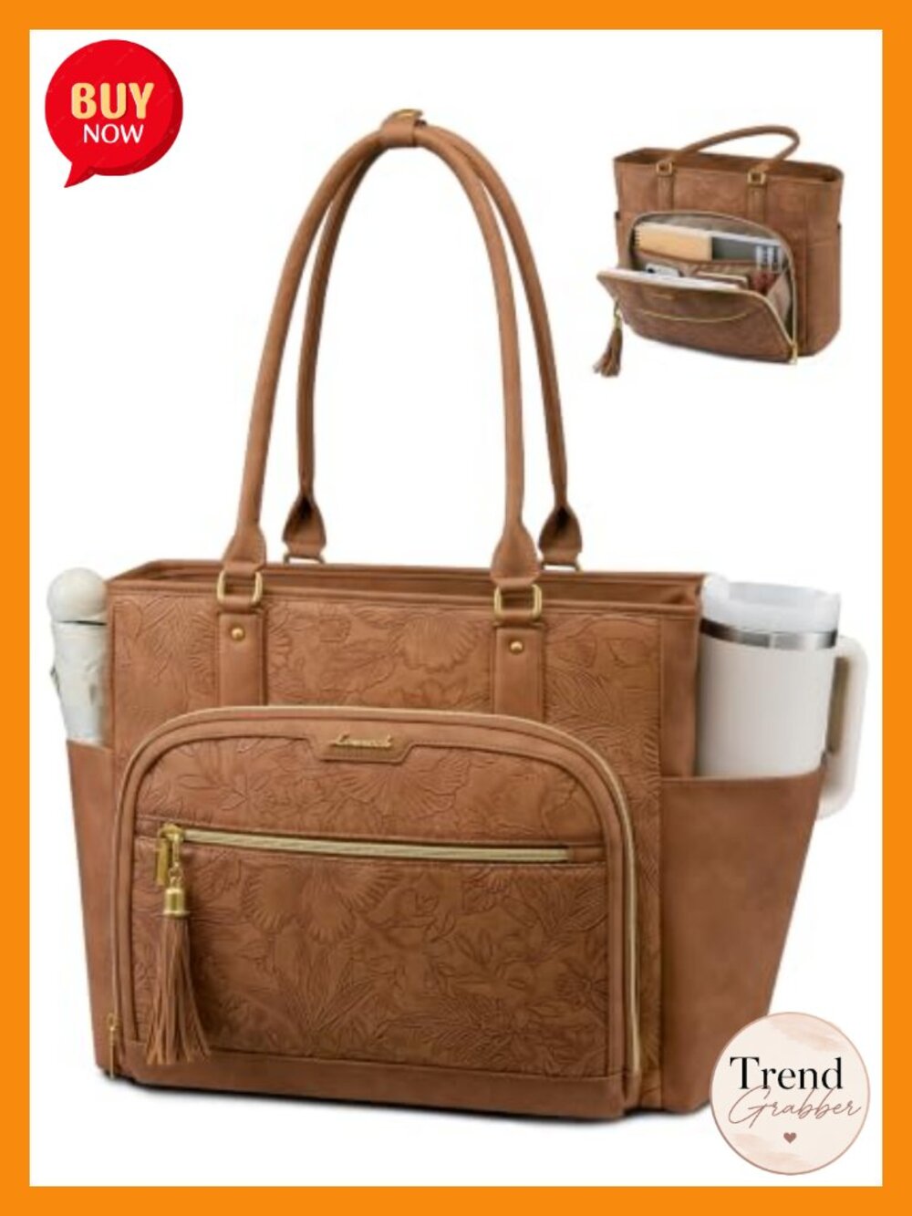 Vintage Leather Laptop Tote Bag with Cup Holder, 15.6 Inch Waterproof Briefcase
